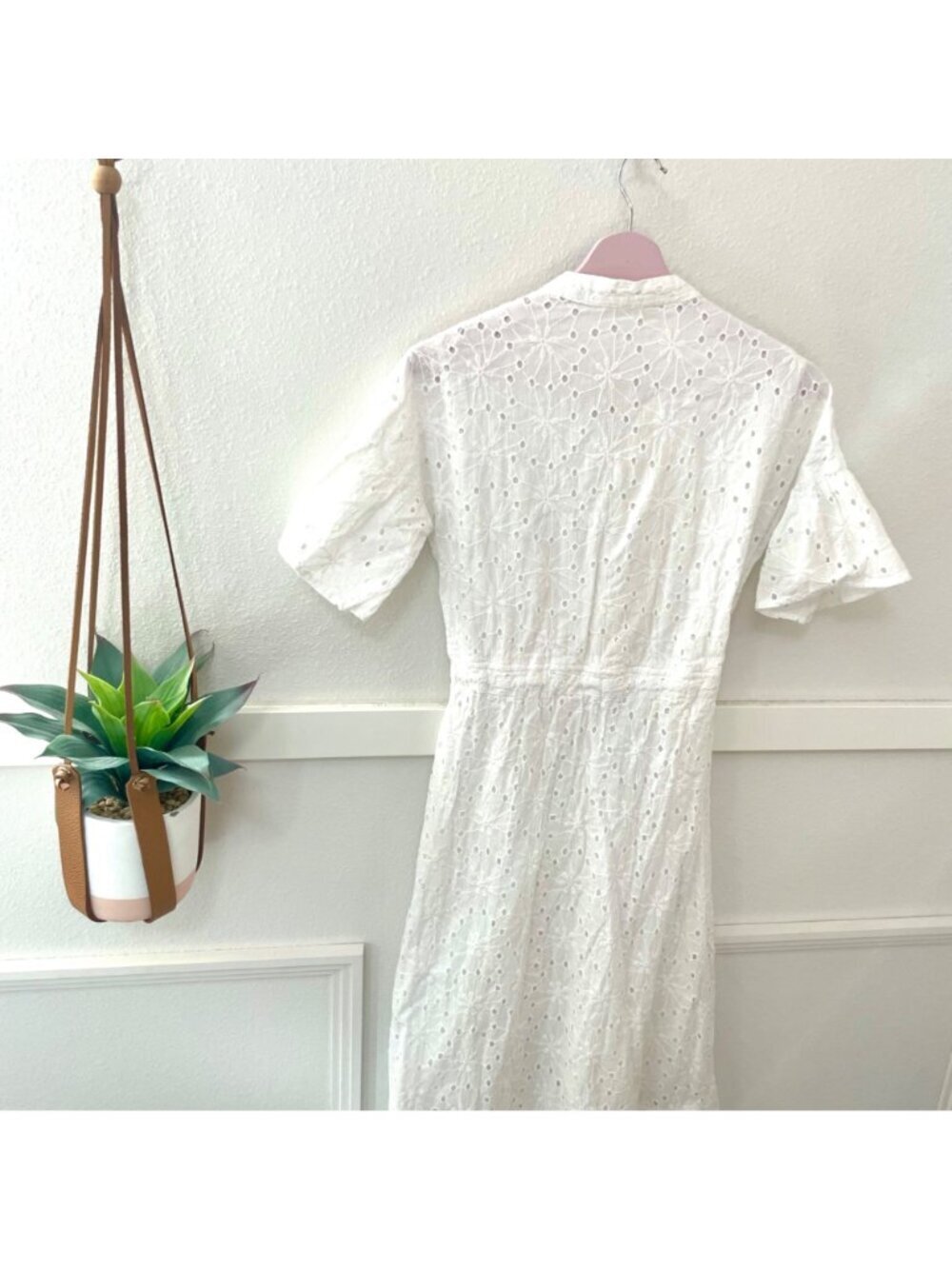 Dress Nado White Eyelet Tie Waist Midi Dress Size M Short Sleeve - Picture 6 of 8